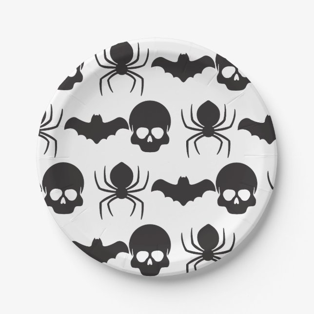 Creepy Spooky Halloween  – Skull, Spider & Bat Paper Plate (Front)