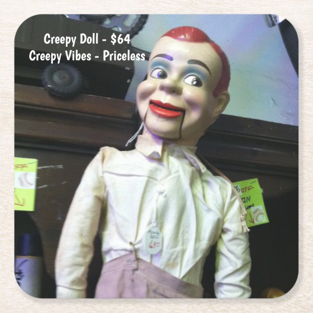 Creepy Ventriloquist Doll  Square Paper Coaster (Front)
