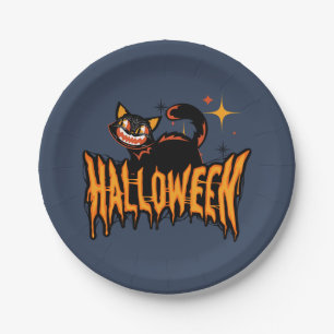 Creepy Vintage Black Cat Scary Halloween Paper Plate