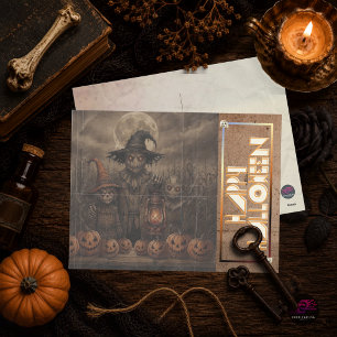Creepy Vintage Scarecrow Family Halloween Holiday Postcard