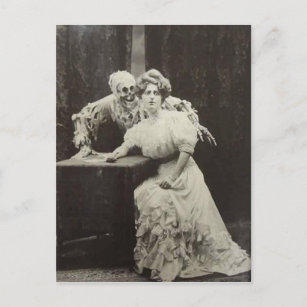 Creepy Vintage Victorian Woman with Skeleton Postcard