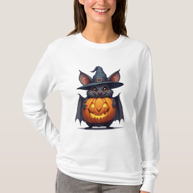 Creepy Witch Bat Holding Jack O Lantern 🦇 T-Shirt (Front)