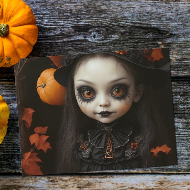 Creepy Witch Doll Orange Eyes Haunting Halloween Holiday Postcard (Creepy witch girl doll Halloween postcard)