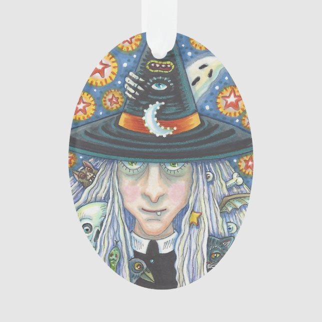 CREEPY WITCH, EVIL EYE, SKULL, HALLOWEEN ORNAMENT (Front)