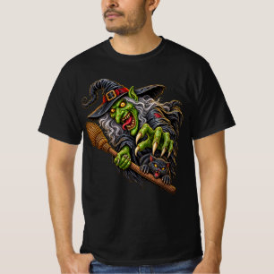 CREEPY WITCH with BROOM and BLACK CAT T-Shirt