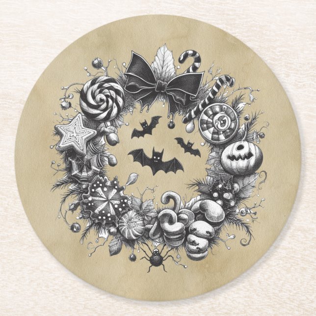 Creepy Wreath Round Paper Coaster (Front)