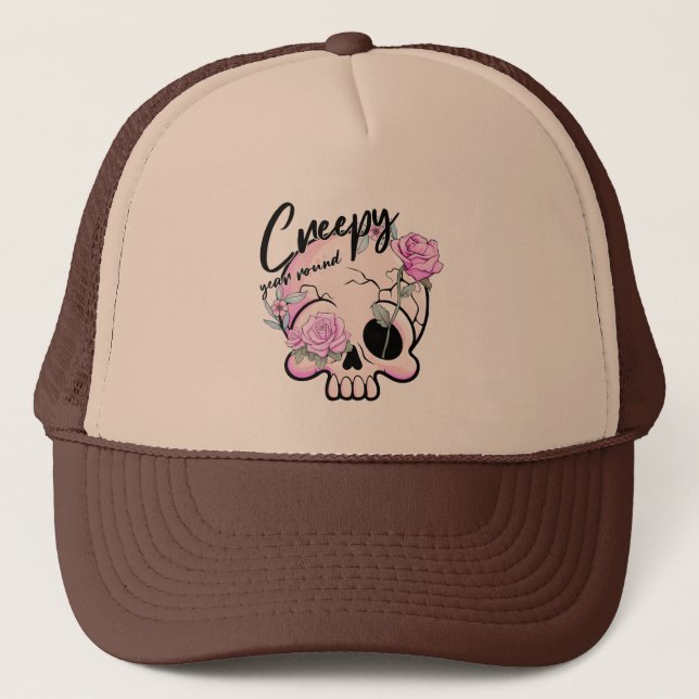 Creepy Year Round Skull Flora Pastel Trucker Hat (Front)