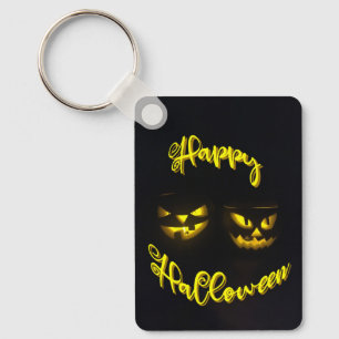 Creepy yellow glow pumpkin face Happy Halloween Key Ring