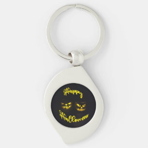 Creepy yellow pumpkin face with Happy Halloween Key Ring