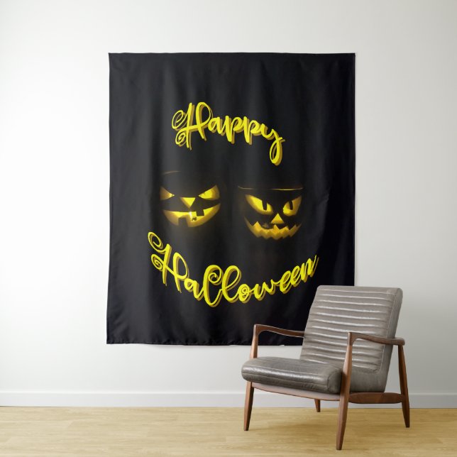 Creepy yellows on black Happy Halloween party  Tapestry (In Situ)
