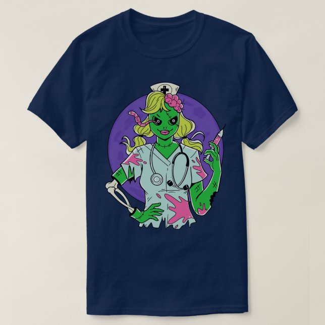 Creepy Zombie Nurse toon Halloween Zombie T-Shirt (Design Front)