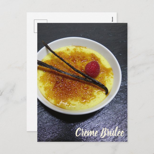 Creme brulee on slate with raspberry and vanilla holiday postcard (Front/Back)