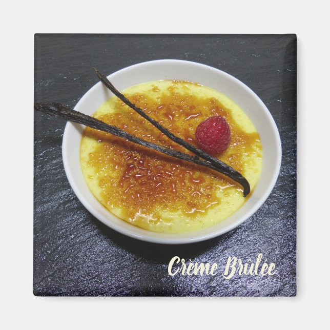 Creme brulee on slate with raspberry and vanilla l magnet (Front)