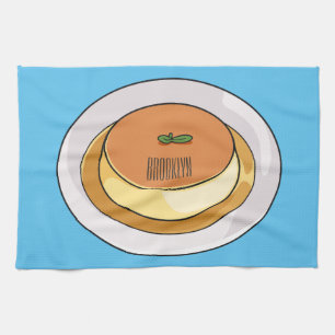 Creme caramel cartoon illustration tea towel
