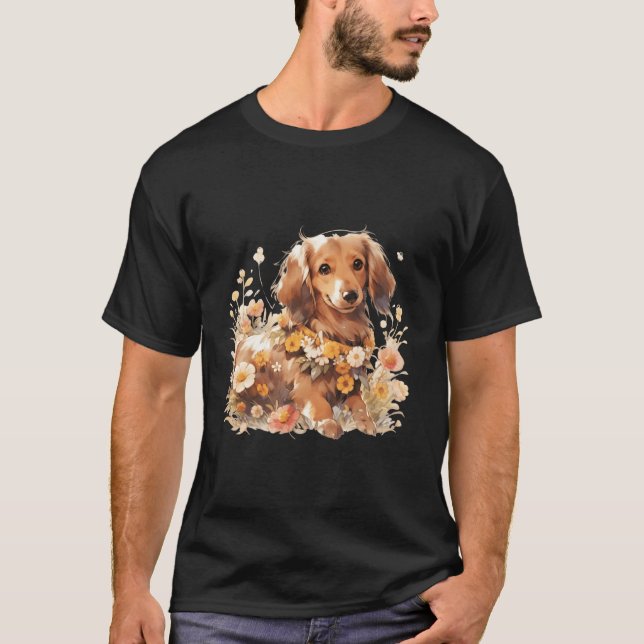 Creme Coloured Dachshund In Flowers - Adorable Min T-Shirt (Front)