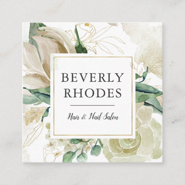 Creme Watercolor Roses Square Business Card (Front)