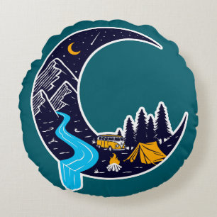 Crescent Moon Adventure Camping Round Cushion