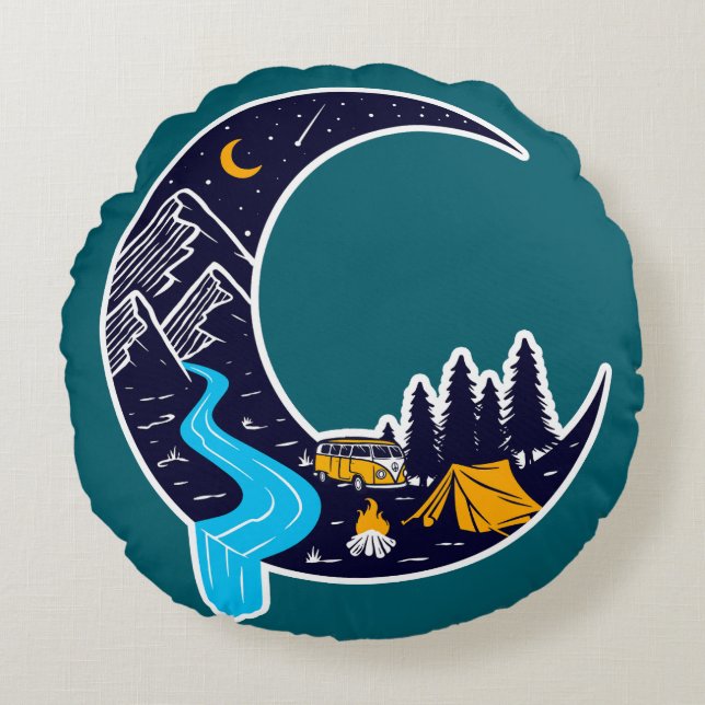Crescent Moon Adventure Camping Round Cushion (Front)