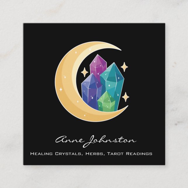 Crescent Moon and Crystals Square Business Card (Front)