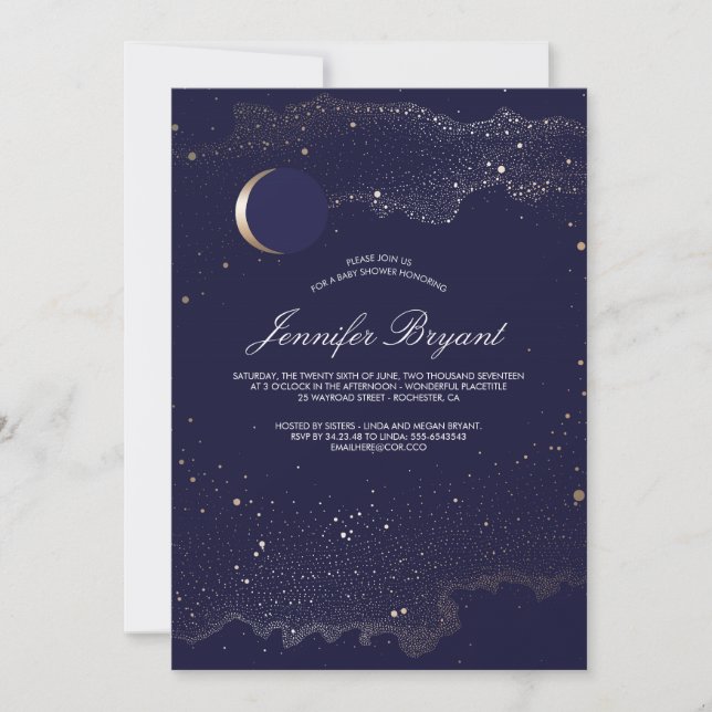 Crescent Moon and Night Stars Baby Shower Invitation (Front)