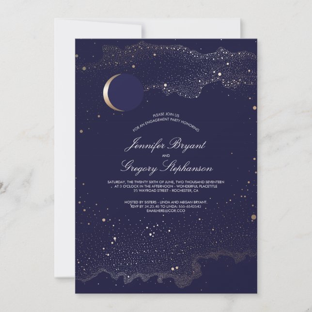 Crescent Moon and Night Stars Engagement Party Invitation (Front)