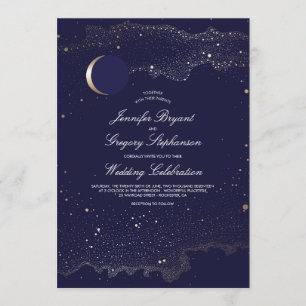 Crescent Moon and Night Stars Navy Wedding Invitation