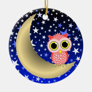 crescent moon and owl ceramic tree decoration