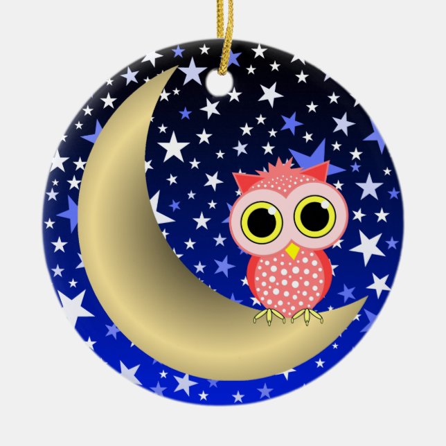 crescent moon and owl ceramic tree decoration (Front)