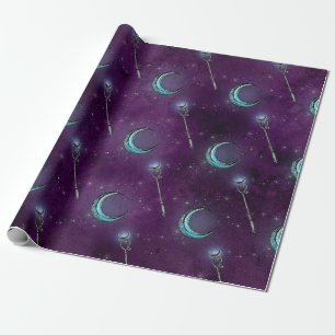 Crescent Moon and Staff on Purple Wrapping Paper