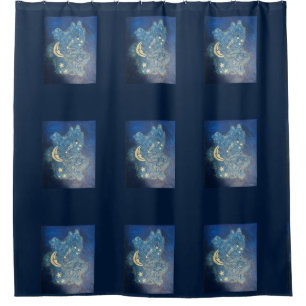 Crescent Moon and Stars on Blue Shower Curtain