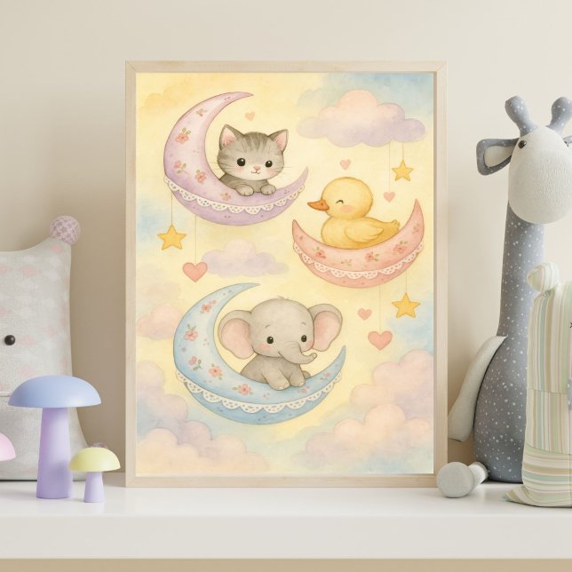 Crescent Moon Baby Animals Baby Girl Nursery Poster (Crescent Moon Baby Animals Pastel Colors Nursery Wall Art. Pink, Blue, Yellow and Purple)