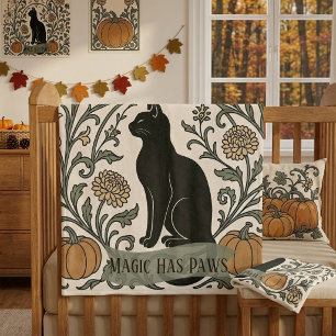 Crescent Moon Black Cat Botanical Magic Has Paws Fleece Blanket