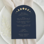 Crescent Moon Blue Arch Wedding Menu Card<br><div class="desc">Transform your dining experience with the "Crescent Moon Blue Arch Wedding Menu Card, " set against a dark blue backdrop. The golden celestial elements, accompanied by the stylishly simple customisable initials, bring a touch of magic to your table settings. Moon phases delicately integrated into the design elevate the dining experience,...</div>