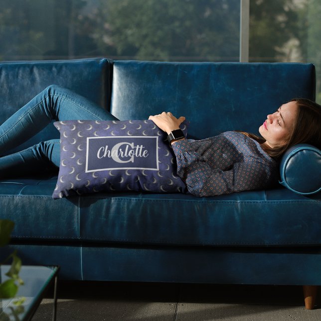 Crescent Moon Blue Celestial Custom Monogram Decorative Cushion (Crescent Moon Blue Celestial Custom Monogram Accent Pillow
)