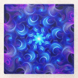 Crescent Moon Blue Fractals Glass Coaster