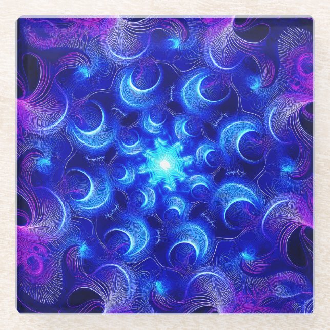 Crescent Moon Blue Fractals Glass Coaster (Front)