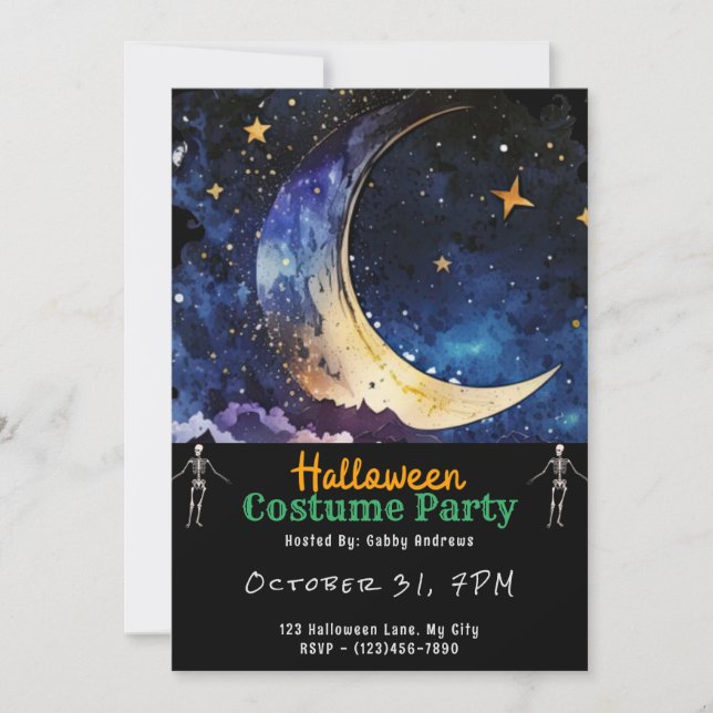 Crescent Moon Blue Sky and Stars Black Halloween Invitation (Front)