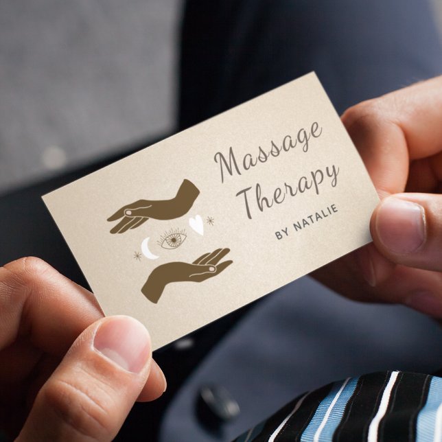 Crescent Moon & Boho Hands Massage Therapist Brown Business Card (Creator Uploaded)