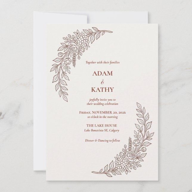 Crescent Moon Brown Floral Wedding Invitation (Front)