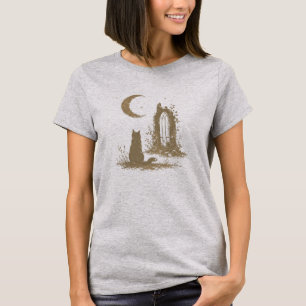 Crescent Moon Cat Ancient Ruins Gothic Illustratio T-Shirt
