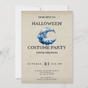 Crescent Moon Clouds and Stars Vintage Halloween Invitation