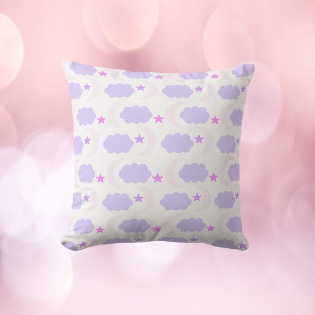 Crescent Moon Clouds Stars Pattern Pink Purple Cushion (A throw pillow with a pink and purple pattern of moons, clouds and stars)