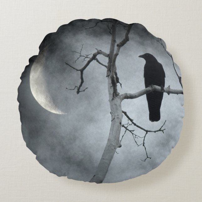 Crescent Moon Crow Round Cushion (Front)
