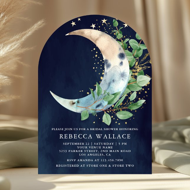 Crescent Moon Eucalyptus Arch Navy Bridal Shower Invitation (Creator Uploaded)