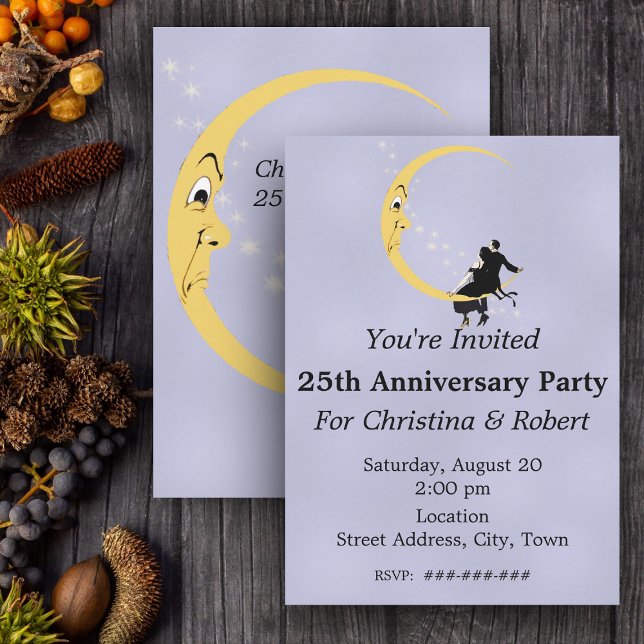 Crescent Moon Face Stars Couple Anniversary 25th Invitation (Angry cute crescent moon loving couple on blue Anniversary party invitation.)