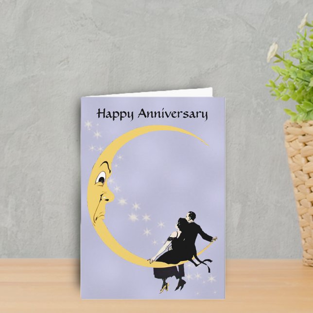 Crescent Moon Face Stars Couple Anniversary Card (Couple sitting on angry crescent moon on blue Happy Anniversary Greeting card.)