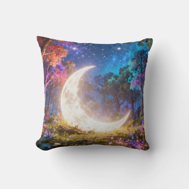 Crescent Moon Fantasy Forest Throw Pillow (Front)