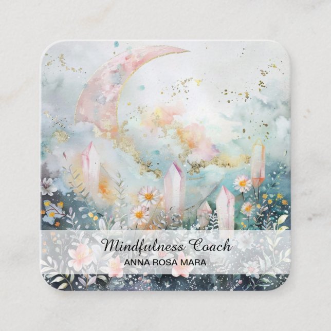 *~* Crescent Moon Flowers Ethereal QR AP70 Crystal Square Business Card (Front)
