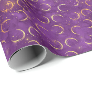 Crescent Moon Halloween Spell Gold Purple Pattern Wrapping Paper