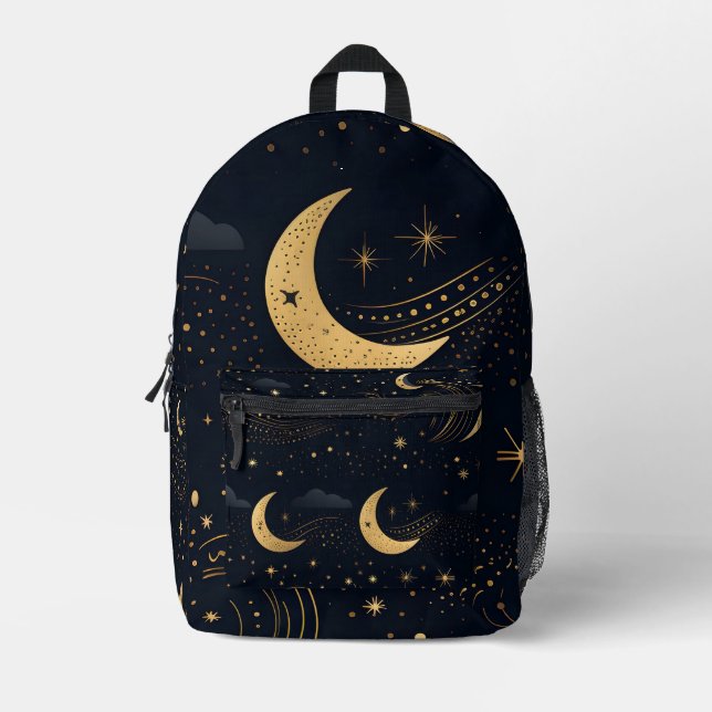 Crescent moon in black and gold printed backpack (Front)
